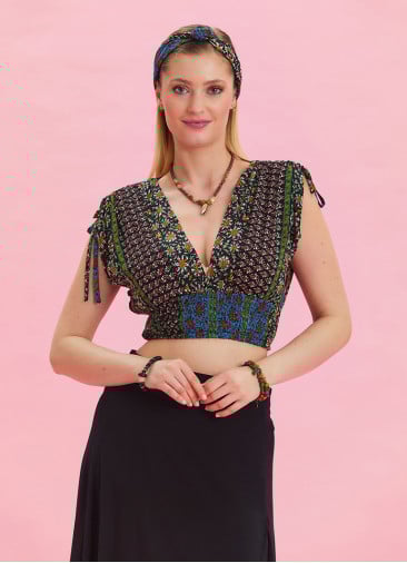 Deep V Neck Waist Gipel Navy Blue Floral Blouse 4633